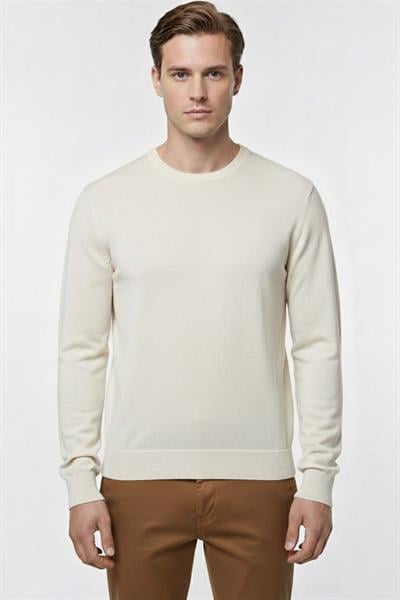 Erkek Ekru Normal Kesim Regular Fit Pamuklu Dokuma Bisiklet Yaka Triko Kazak