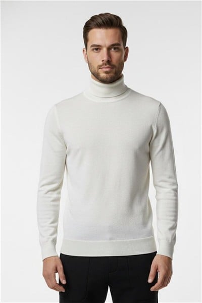 Ekru Regular Fit Pamuklu Yarım Balıkçı Yaka Erkek Triko Kazak