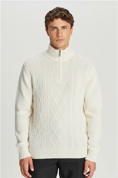 Ekru Regular Fit Yünlü Desenli Fermuarlı Yarım Balıkçı Yaka Triko Kazak
