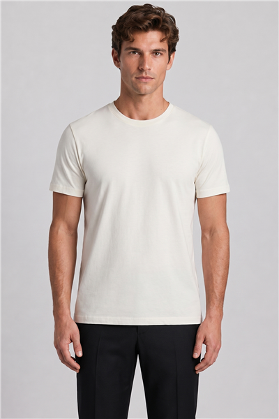 Erkek Ekru Normal Kesim Regular Fit %100 Pamuk Bisiklet Yaka Basic Tişört