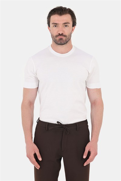 Ekru %100 Pamuk Regular Fit Bisiklet Yaka Basic T-shirt