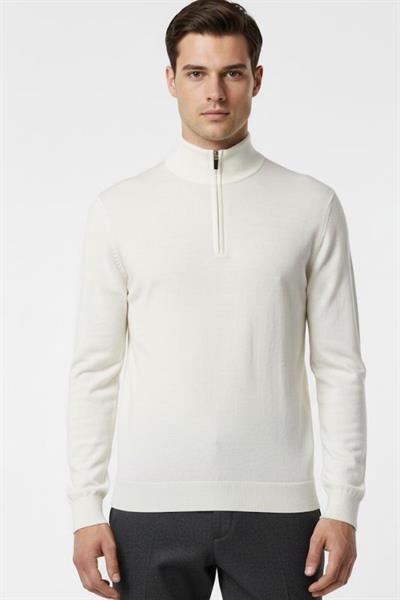 Ekru Regular Fit Pamuklu Fermuarlı Yarım Balıkçı Yaka Erkek Triko Kazak