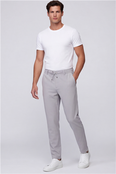 Erkek Açık Gri Regular Fit Standart Boy Dokuma Armürlü Pantolon