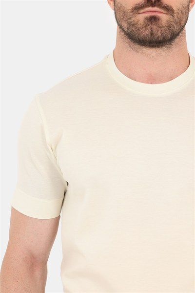Erkek Açık Krem Normal Kesim Regular Fit %100 Pamuk Dokuma Bisiklet Yaka Basic T-Shirt