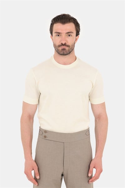 Erkek Açık Krem Normal Kesim Regular Fit %100 Pamuk Dokuma Bisiklet Yaka Basic T-Shirt