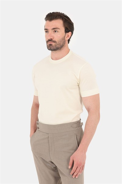 Erkek Açık Krem Normal Kesim Regular Fit %100 Pamuk Dokuma Bisiklet Yaka Basic T-Shirt
