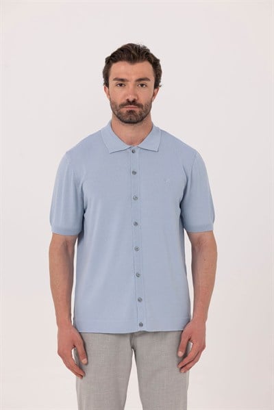Açık Mavi Reglan Polo Yaka Triko Gömlek