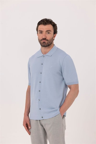 Açık Mavi Reglan Polo Yaka Triko Gömlek