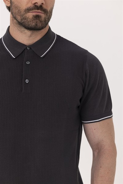 Antrasit Slim Fit %100 Pamuk Jakarlı Polo Yaka Triko T-shirt