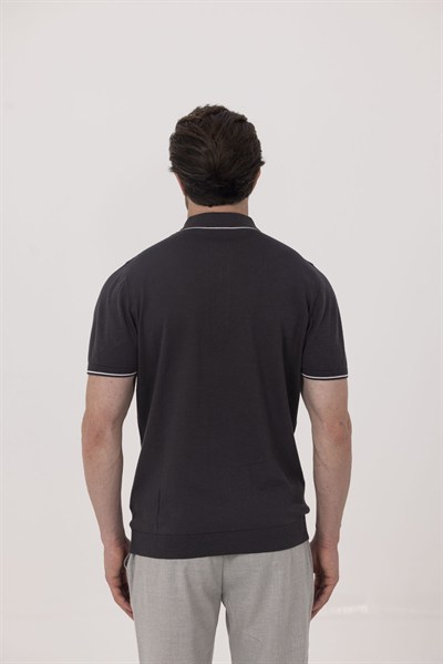 Antrasit Slim Fit %100 Pamuk Jakarlı Polo Yaka Triko T-shirt