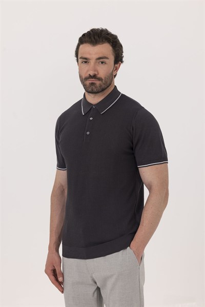 Antrasit Slim Fit %100 Pamuk Jakarlı Polo Yaka Triko T-shirt