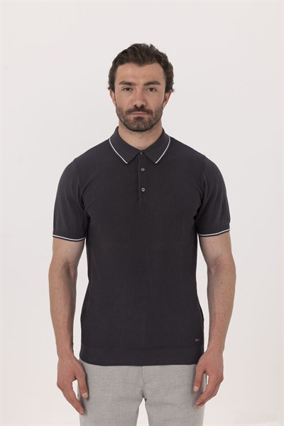 Antrasit Slim Fit %100 Pamuk Jakarlı Polo Yaka Triko T-shirt