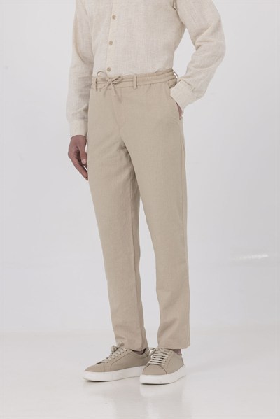 Bej Keten Görünümlü Arka Lastikli Köprü Kemerli Bağcıklı Regular Fit Jogger Pantolon