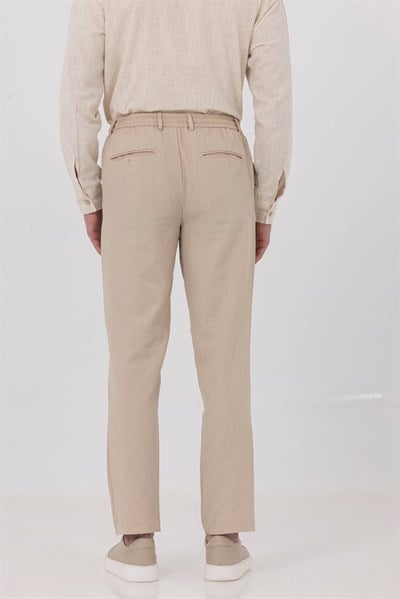 Bej Keten Görünümlü Arka Lastikli Köprü Kemerli Bağcıklı Regular Fit Jogger Pantolon