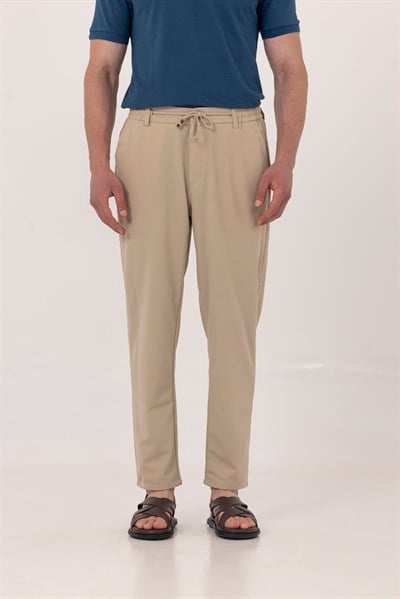 Bej Dokulu Arka Lastikli Köprü Kemerli Bağcıklı Slim Fit Jogger Pantolon