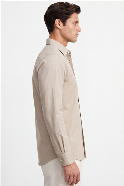 Erkek Bej Normal Kesim Regular Fit %100 Pamuk Gabardin Uzun Kollu Klasik Yaka Gömlek
