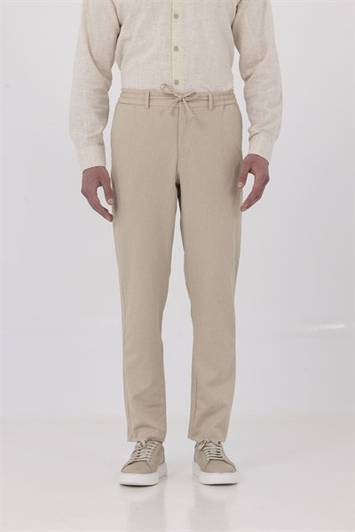 Bej Keten Görünümlü Arka Lastikli Köprü Kemerli Bağcıklı Regular Fit Jogger Pantolon