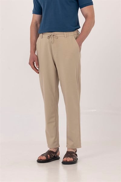 Bej Dokulu Arka Lastikli Köprü Kemerli Bağcıklı Slim Fit Jogger Pantolon