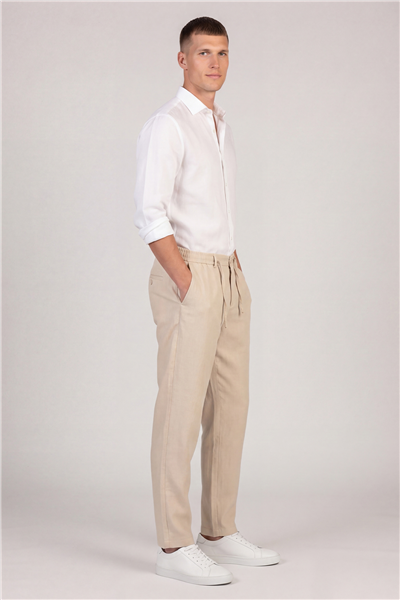 Erkek Bej Normal Kesim Regular Fit Viskon Bel Lastikli Düz Paça Pantolon