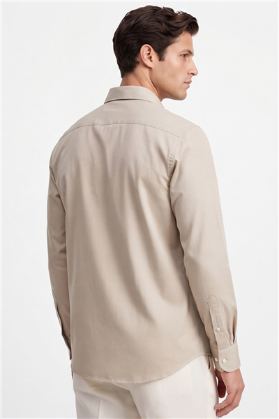 Erkek Bej Normal Kesim Regular Fit %100 Pamuk Gabardin Uzun Kollu Klasik Yaka Gömlek