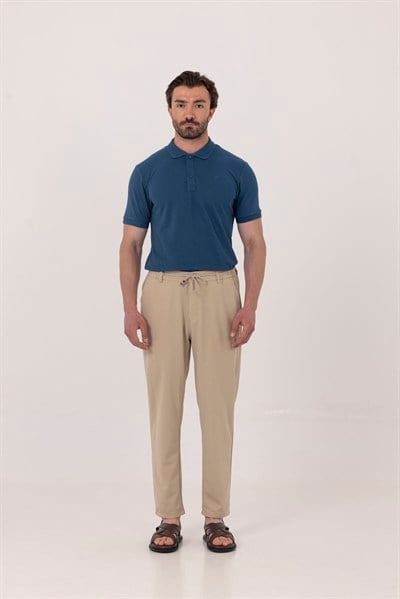 Bej Dokulu Arka Lastikli Köprü Kemerli Bağcıklı Slim Fit Jogger Pantolon