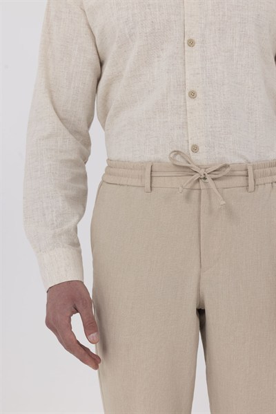 Bej Keten Görünümlü Arka Lastikli Köprü Kemerli Bağcıklı Regular Fit Jogger Pantolon