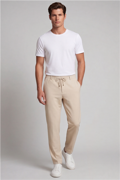 Erkek Bej Normal Kesim Regular Fit Pamuklu Armürlü Bel Lastikli Jogger Pantolon