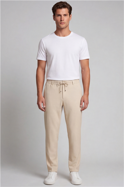 Erkek Bej Normal Kesim Regular Fit Pamuklu Armürlü Bel Lastikli Jogger Pantolon