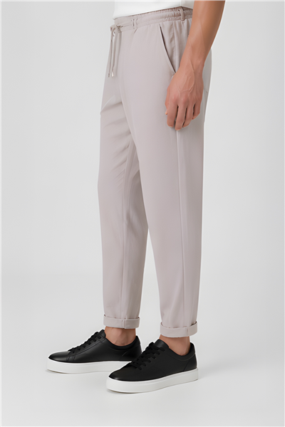 Erkek Bej Regular Fit Standart Boy Dokuma Armürlü Jogger Pantolon