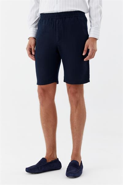 Erkek Koyu Lacivert Bermuda Şort – %100 Keten, Lastikli Bel