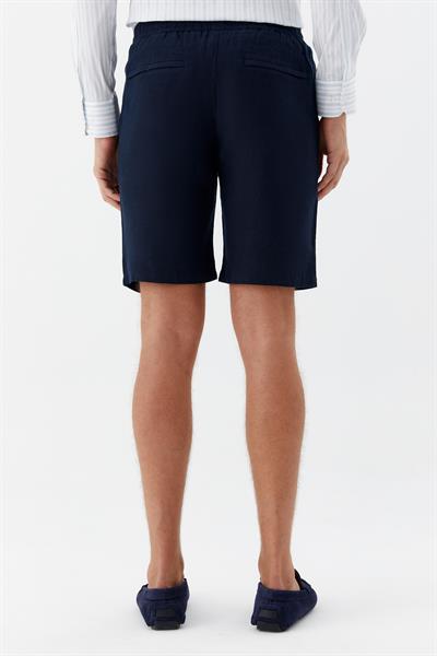 Erkek Koyu Lacivert Bermuda Şort – %100 Keten, Lastikli Bel