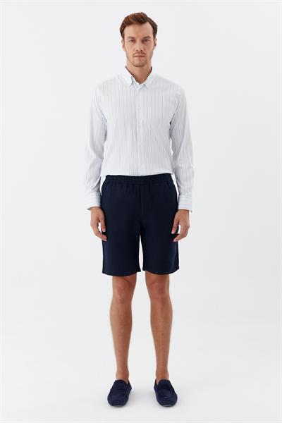 Erkek Koyu Lacivert Bermuda Şort – %100 Keten, Lastikli Bel
