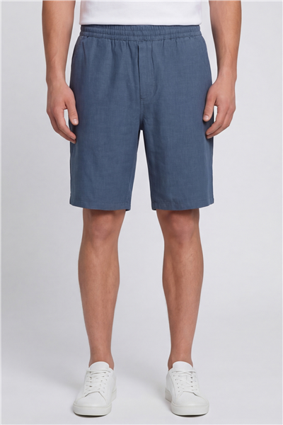 Erkek Lacivert Normal Kesim Regular Fit %100 Keten Lastikli Bel Bermuda Şort