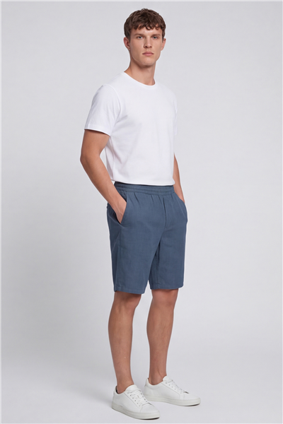 Erkek Lacivert Normal Kesim Regular Fit %100 Keten Lastikli Bel Bermuda Şort