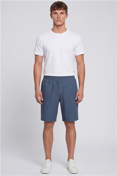 Erkek Lacivert Normal Kesim Regular Fit %100 Keten Lastikli Bel Bermuda Şort