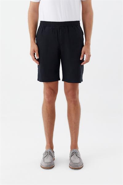 Erkek Siyah Normal Kesim Regular Fit %100 Keten Lastikli Bel Bermuda Şort