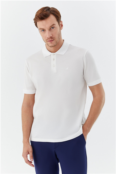 Erkek Beyaz Dar Kesim Slim Fit %100 Pamuk Dokuma Düğmeli Polo Yaka T-Shirt