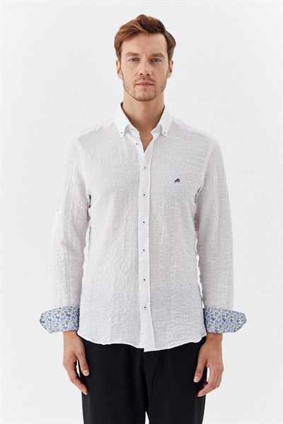 Erkek Beyaz Dar Kesim Slim Fit %100 Pamuk Baskılı Düğmeli Yaka Gömlek