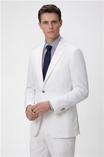 Erkek Beyaz Dar Kesim Slim Fit %100 Keten Mono Yaka Astarsız Çift Yırtmaçlı 6 Drop Takım Elbise