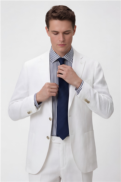 Erkek Beyaz Dar Kesim Slim Fit %100 Keten Mono Yaka Astarsız Çift Yırtmaçlı 6 Drop Takım Elbise