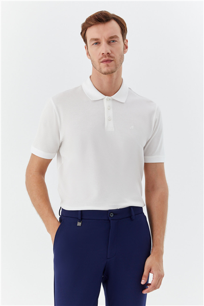Erkek Beyaz Dar Kesim Slim Fit %100 Pamuk Dokuma Düğmeli Polo Yaka T-Shirt