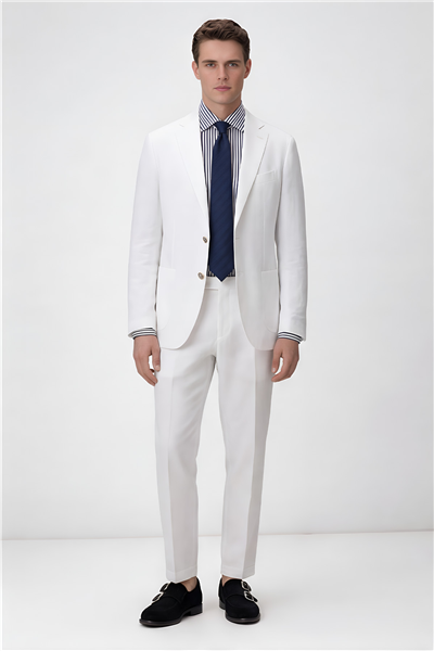 Erkek Beyaz Dar Kesim Slim Fit %100 Keten Mono Yaka Astarsız Çift Yırtmaçlı 6 Drop Takım Elbise