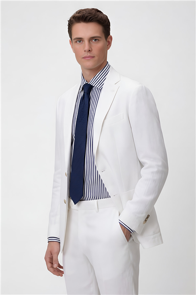 Erkek Beyaz Dar Kesim Slim Fit %100 Keten Mono Yaka Astarsız Çift Yırtmaçlı 6 Drop Takım Elbise