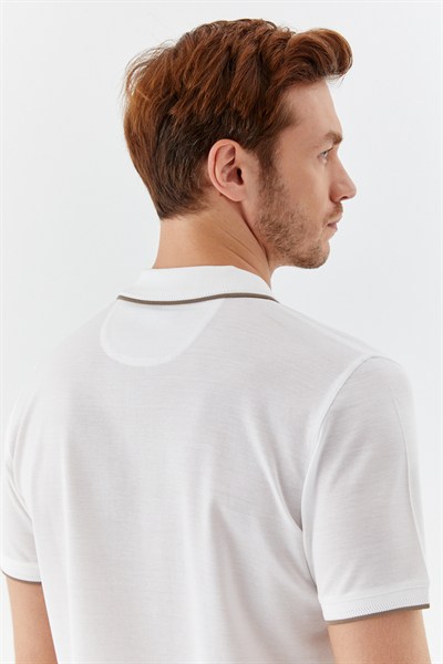 Beyaz Regular Fit %100 Pamuk Fermuarlı Polo Yaka T-shirt