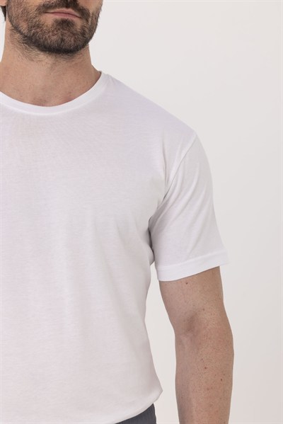 Beyaz %100 Pamuk Bisiklet Yaka Düz Renk Basic T-Shirt