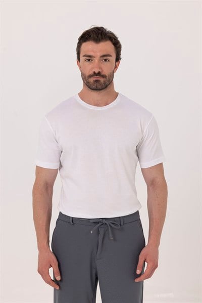 Beyaz %100 Pamuk Bisiklet Yaka Düz Renk Basic T-Shirt