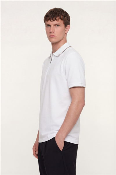 Erkek Beyaz Normal Kesim Regular Fit %100 Pamuk Fermuarlı Polo Yaka Tişört