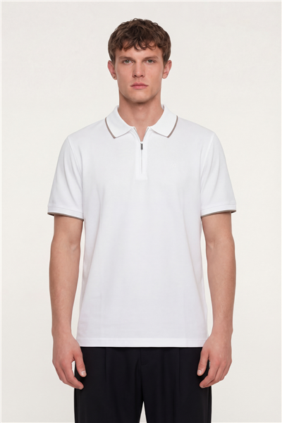 Erkek Beyaz Normal Kesim Regular Fit %100 Pamuk Fermuarlı Polo Yaka Tişört