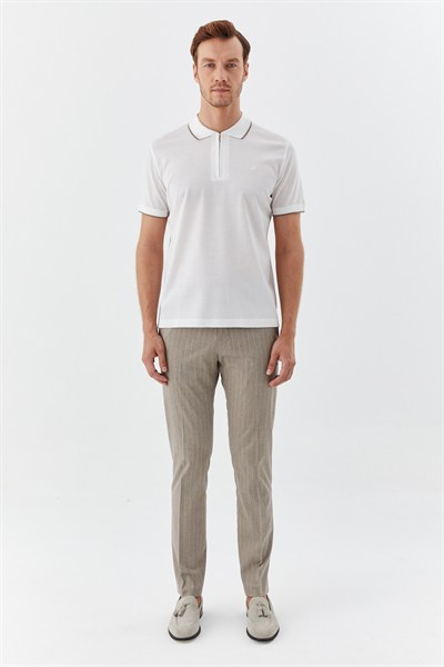 Beyaz Regular Fit %100 Pamuk Fermuarlı Polo Yaka T-shirt