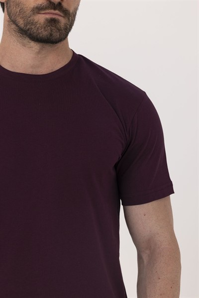 Bordo %100 Pamuk Bisiklet Yaka Düz Renk Basic T-Shirt